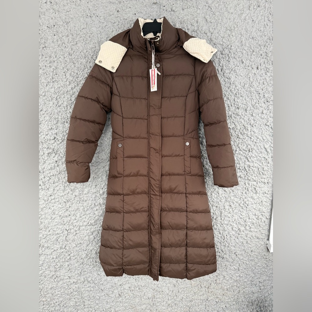 Red Marine Long Puffer Coat Brown Faux Fur Lined Quilted Snap Zip